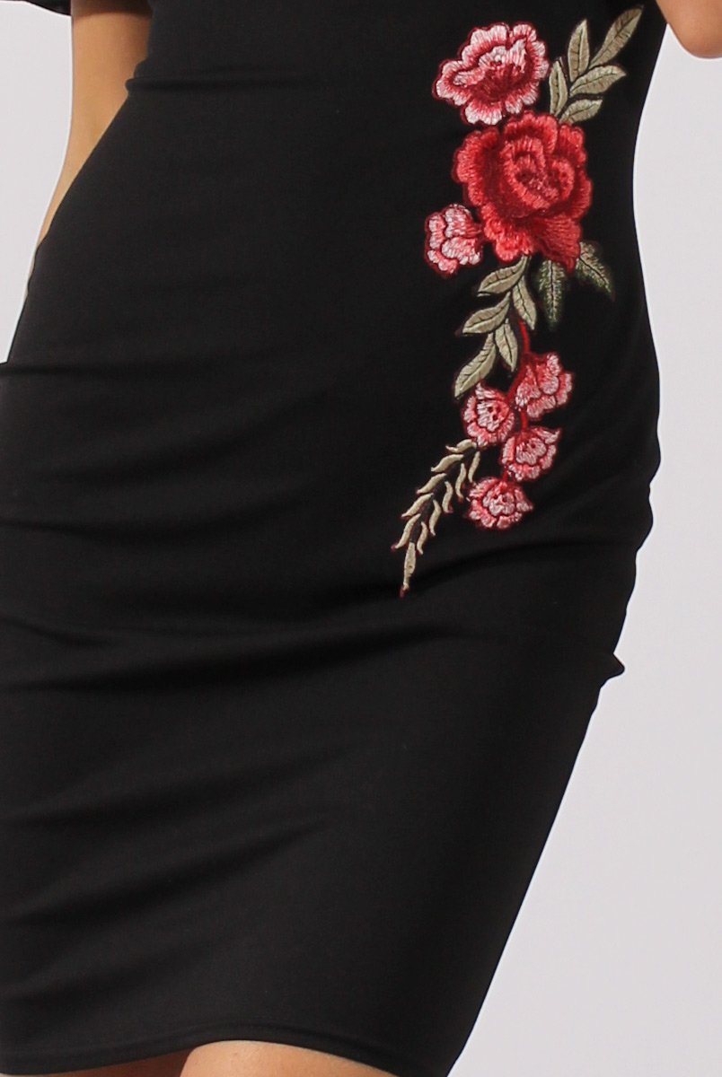 Black Bardot Frill Embroidered Dress - Jasmine