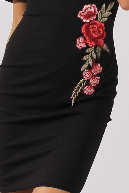 Black Bardot Frill Embroidered Dress - Jasmine