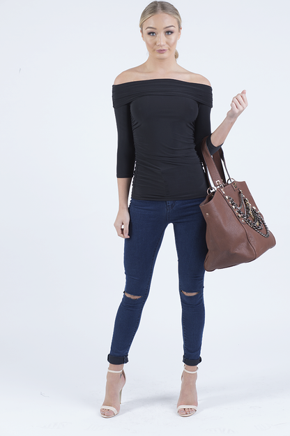 Black Bardot Ruched Top - Sandra