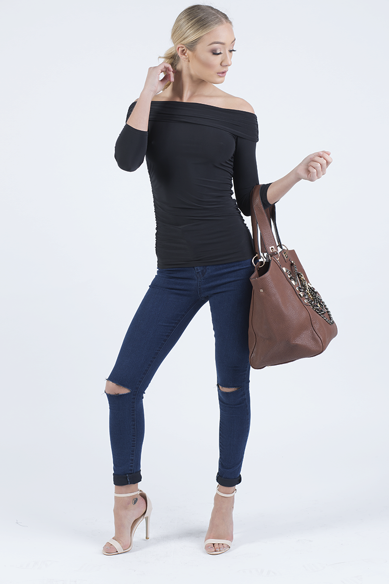 Black Bardot Ruched Top - Sandra