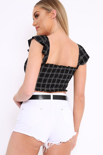Black Checked Smocked Frill Crop Top - Lenni