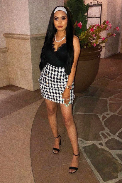 Black and White Check Button Front Skirt - Dalena