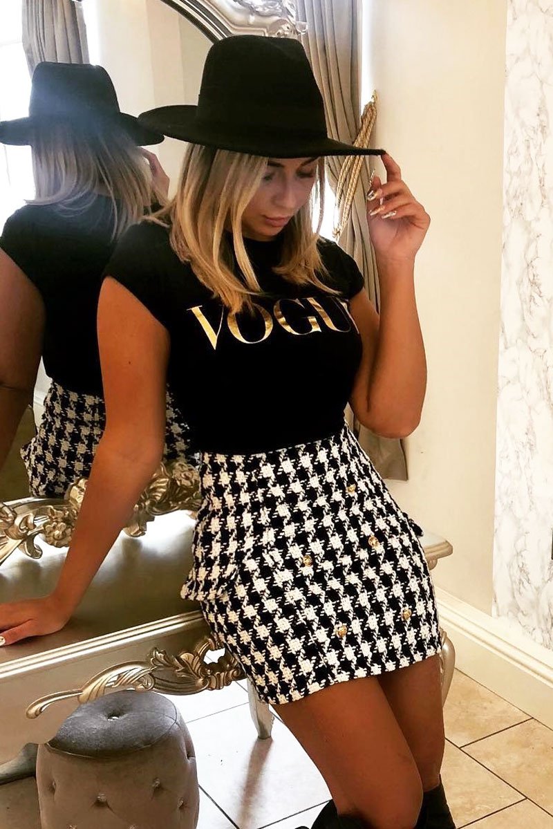 Black and White Check Button Front Skirt - Dalena