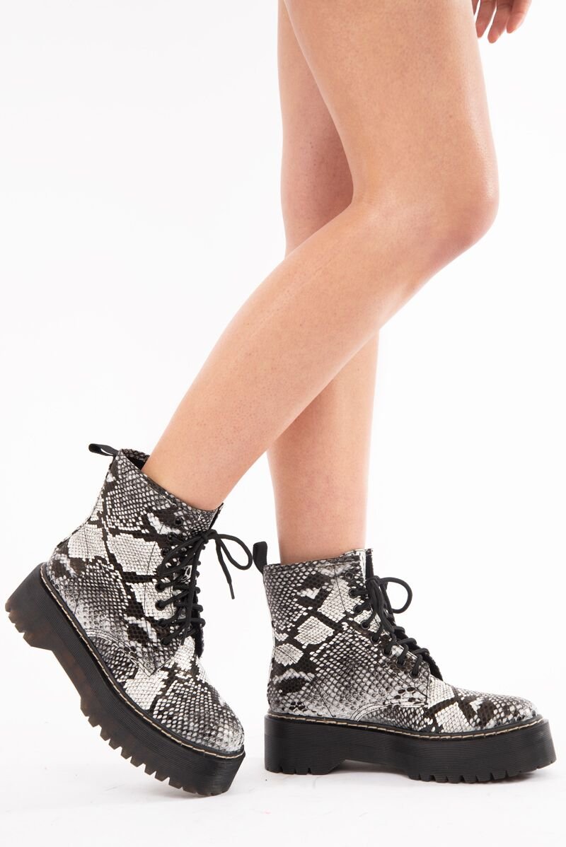 Black and White Snake Faux Leather Platform Chunky Ankle Boots - Miami