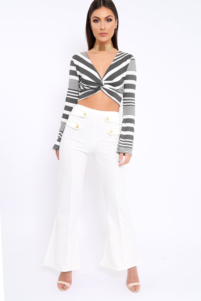 Black and White Stripe Knot Front Crop Top - Hayzl