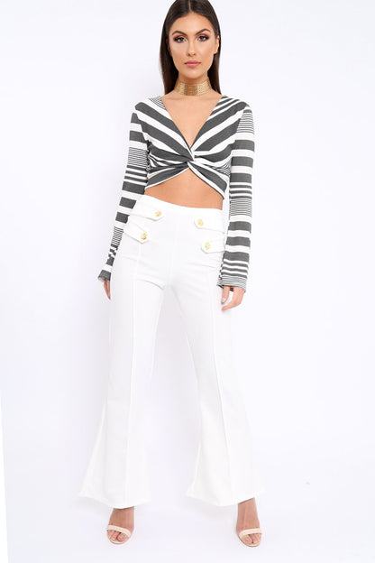 Black and White Stripe Knot Front Crop Top - Hayzl