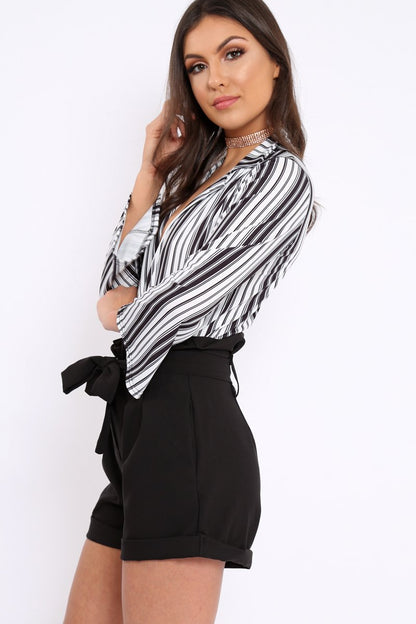Black and White Striped Plunge Front Bodysuit - Dyanna