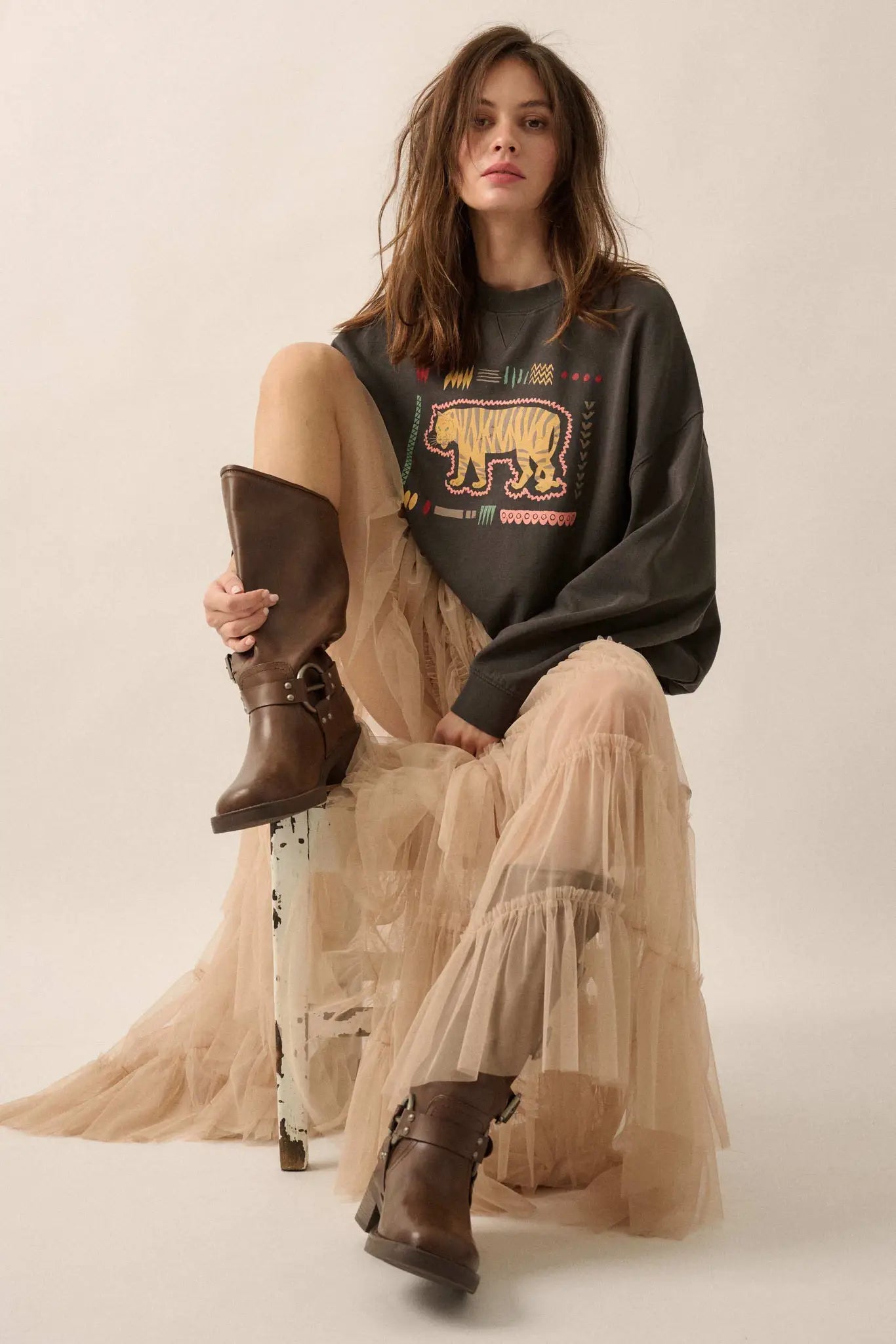 Tribal Tiger Vintage-Print Graphic Sweatshirt
