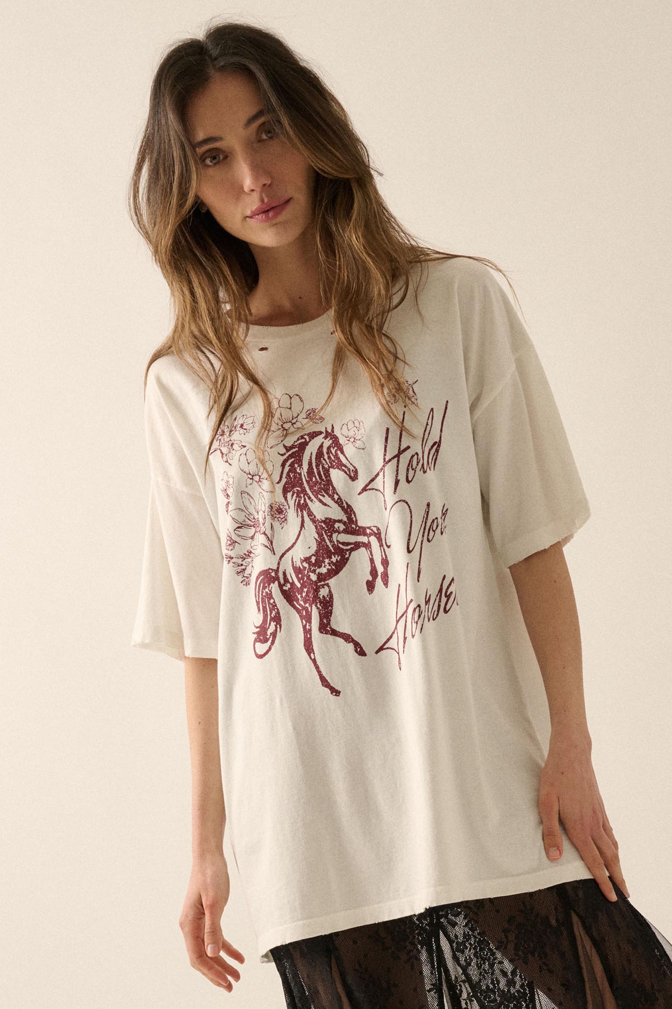 Hold Your Horses Distressed Floral Graphic Tee