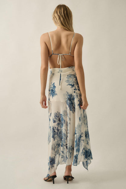 Elegant Beauty Floral Chiffon Open-Back Maxi Dress
