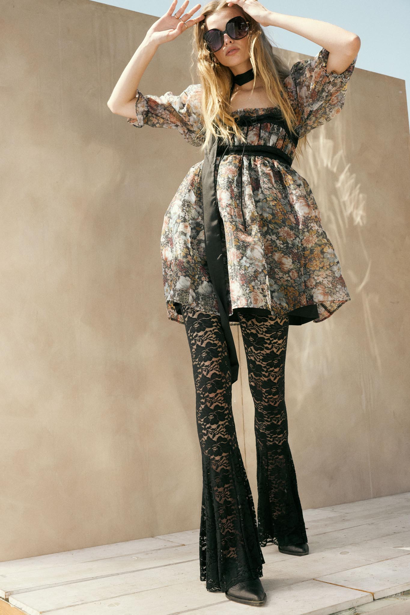 Autumn Meadow Floral Organza Babydoll Mini Dress