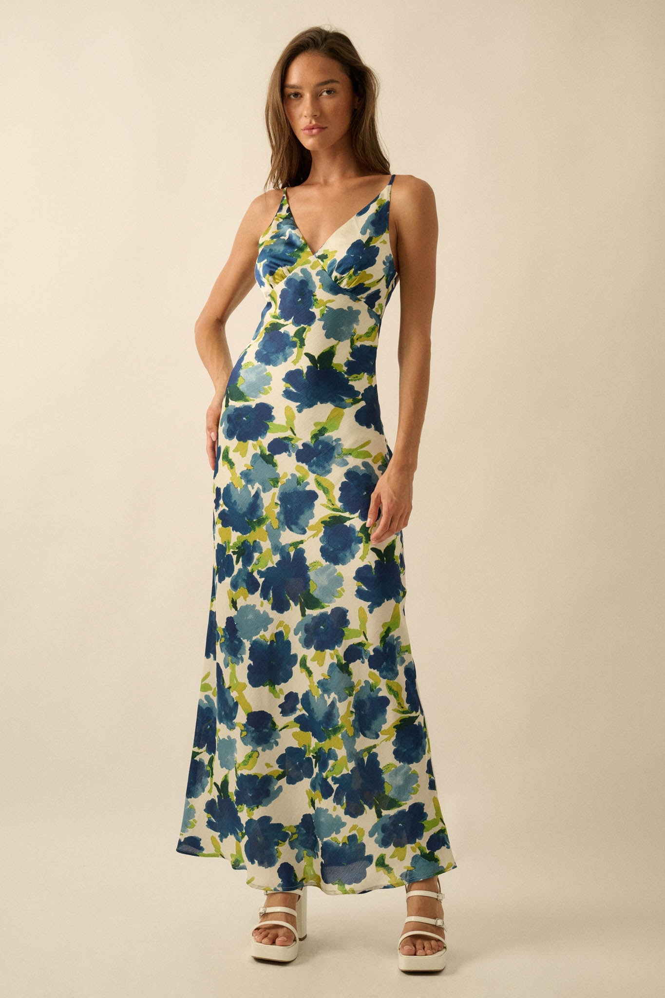 Watercolor Blossoms Floral Crepe Maxi Slip Dress