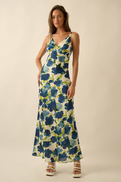 Watercolor Blossoms Floral Crepe Maxi Slip Dress