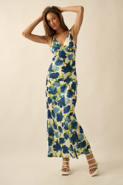 Watercolor Blossoms Floral Crepe Maxi Slip Dress