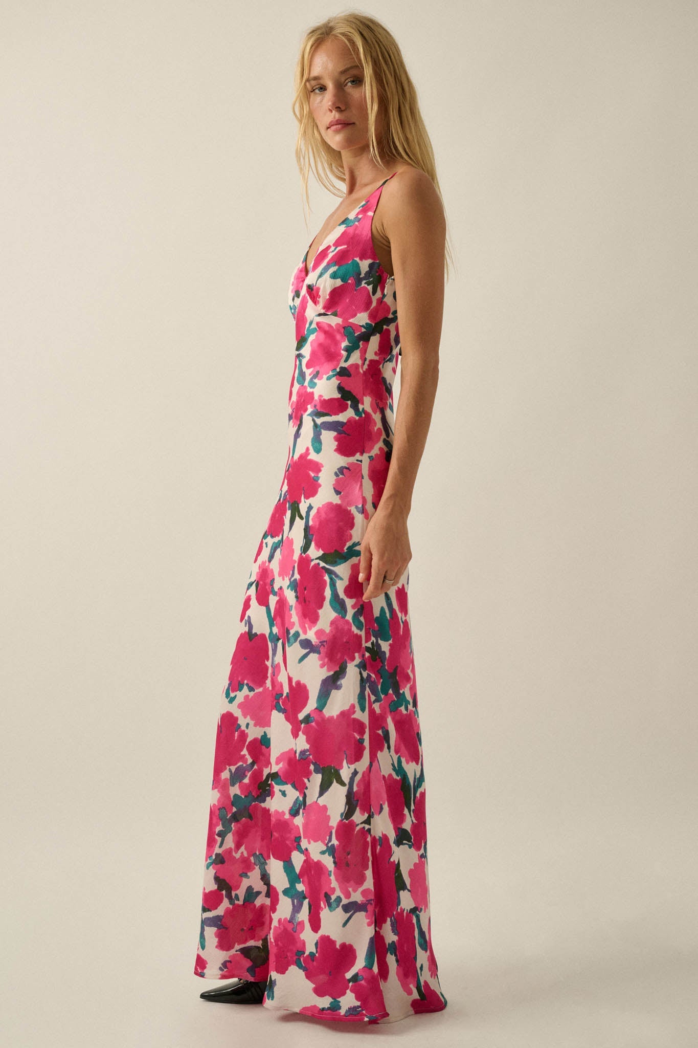Watercolor Blossoms Floral Crepe Maxi Slip Dress