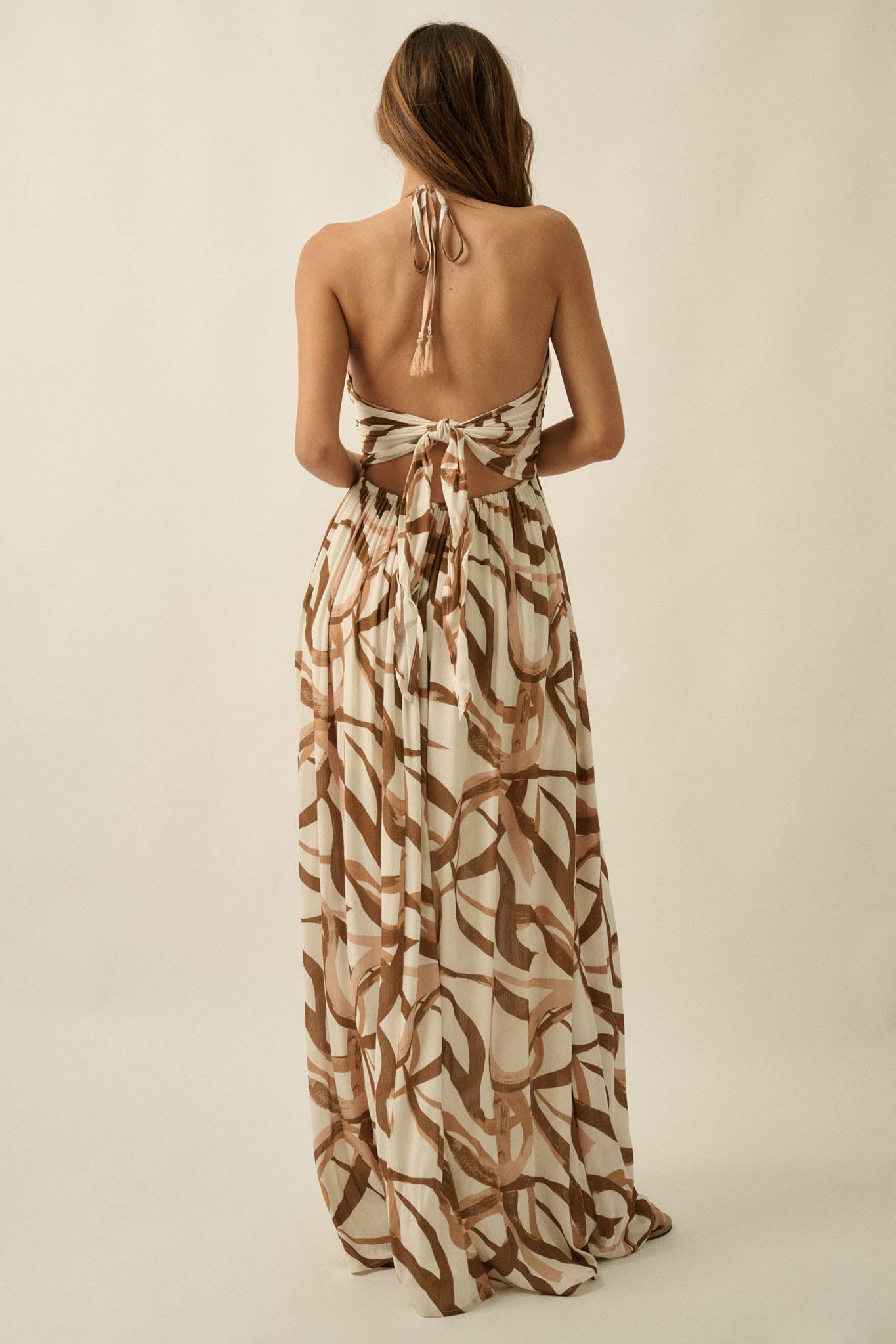 Tangled Up Ribbon-Print Tie-Back Halter Maxi Dress