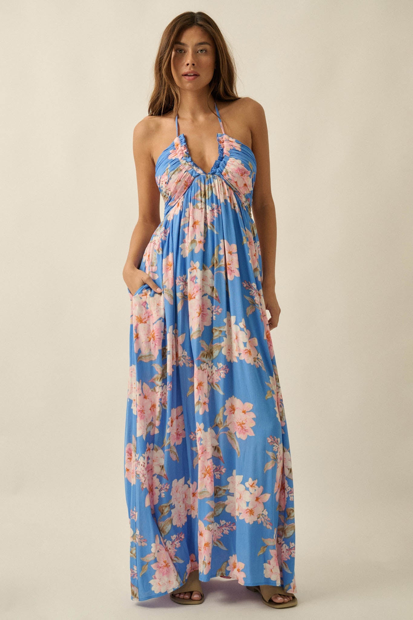 Blooming Elegance Floral Tie-Back Halter Maxi Dress