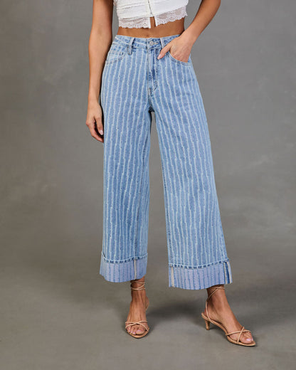 Calyra Stretch Cuffed Wide Leg High Rise Abstract Jeans