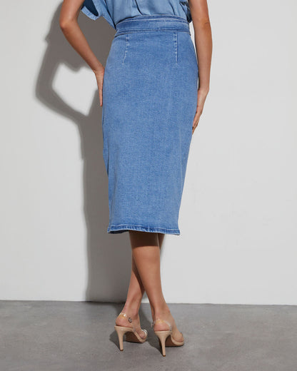 Class Act Denim Wrap Midi Skirt