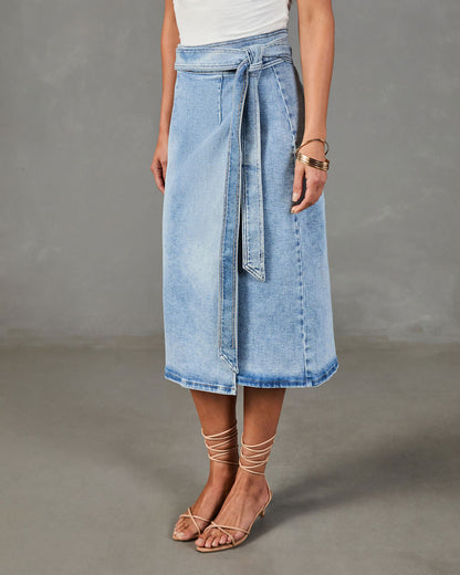Class Act Denim Wrap Midi Skirt