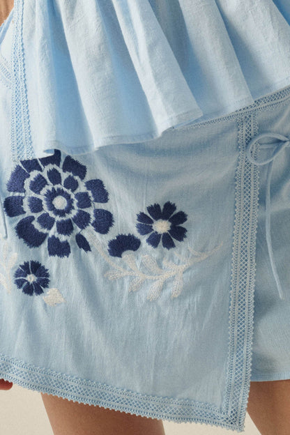 Playful Petals Floral-Embroidered Wrap Mini Skort