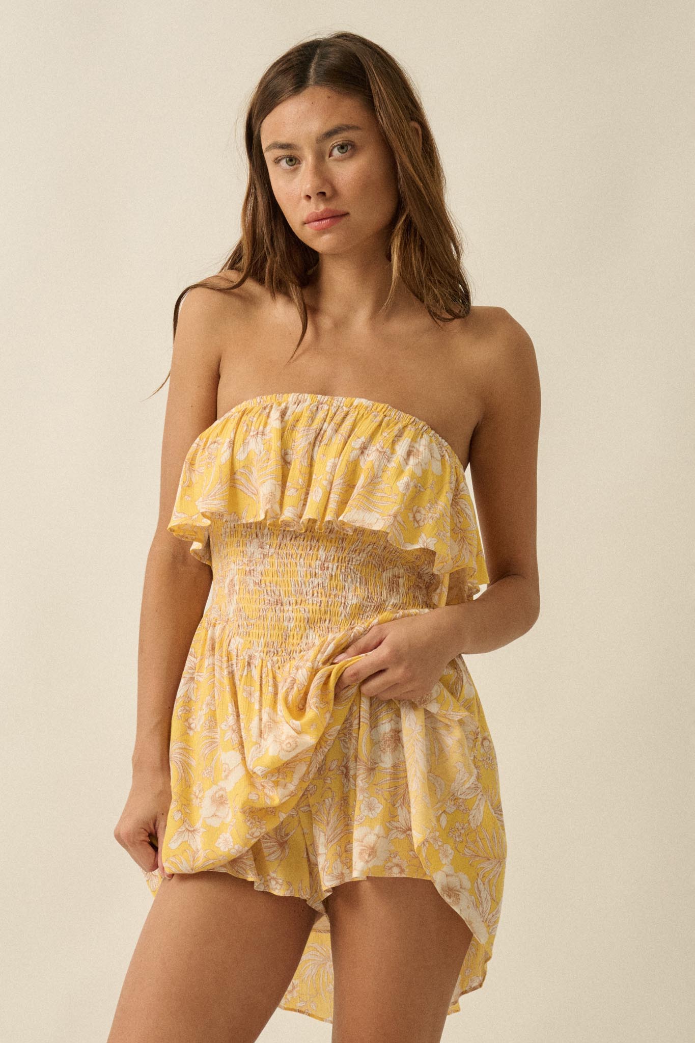 Truly Cherished Floral Strapless Flounce Romper