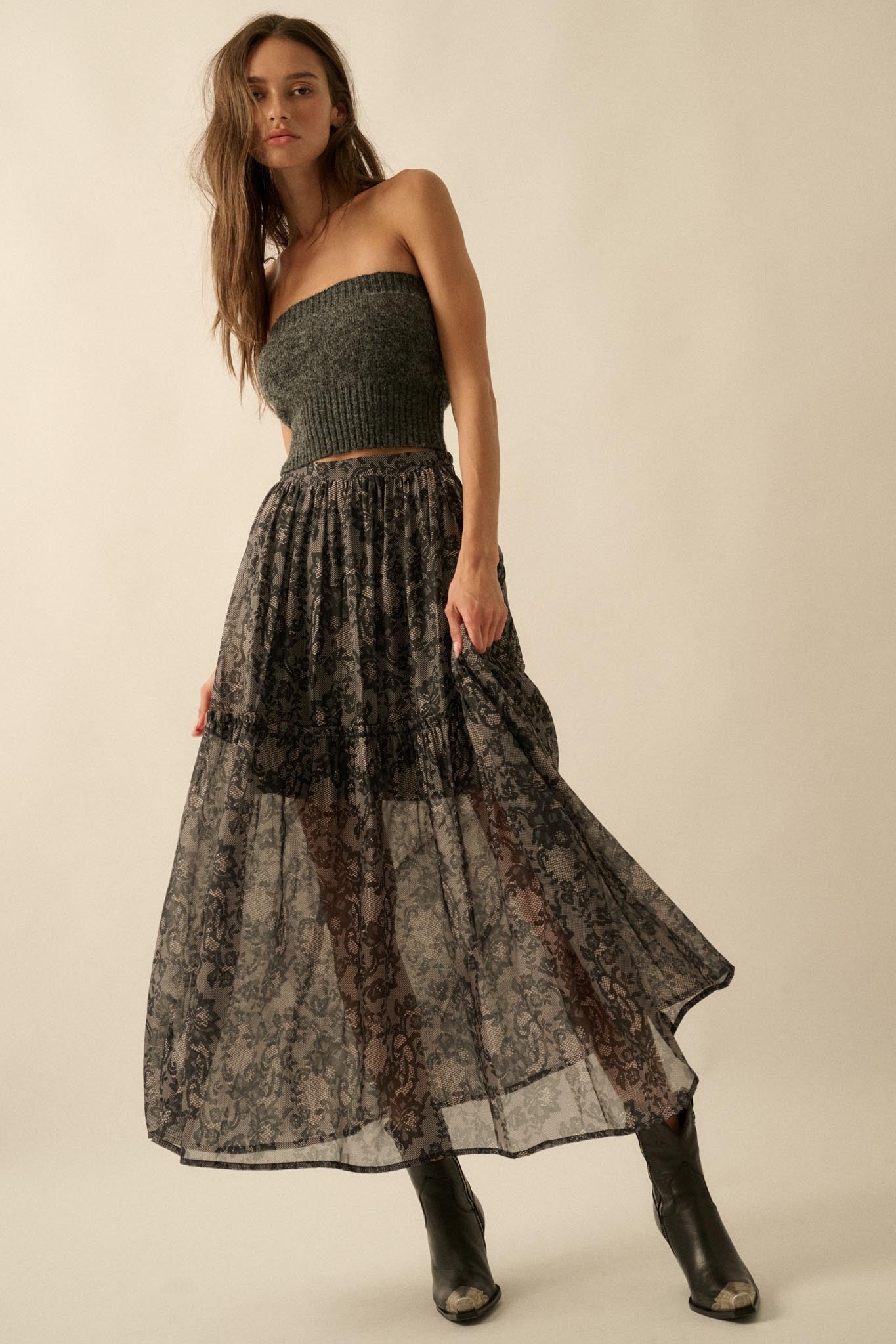 Into the Night Lace-Print Organza Maxi Skirt
