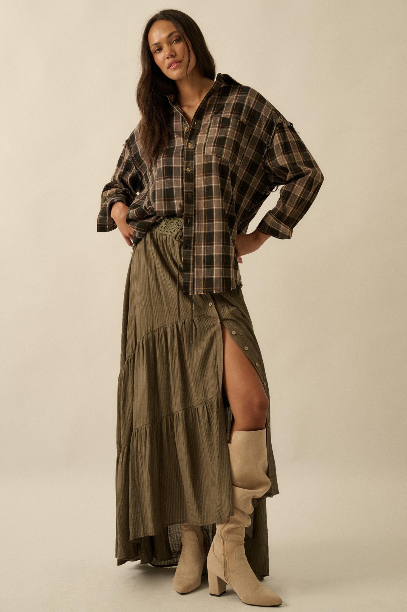Love You So Button-Front Tiered Ruffle Maxi Skirt