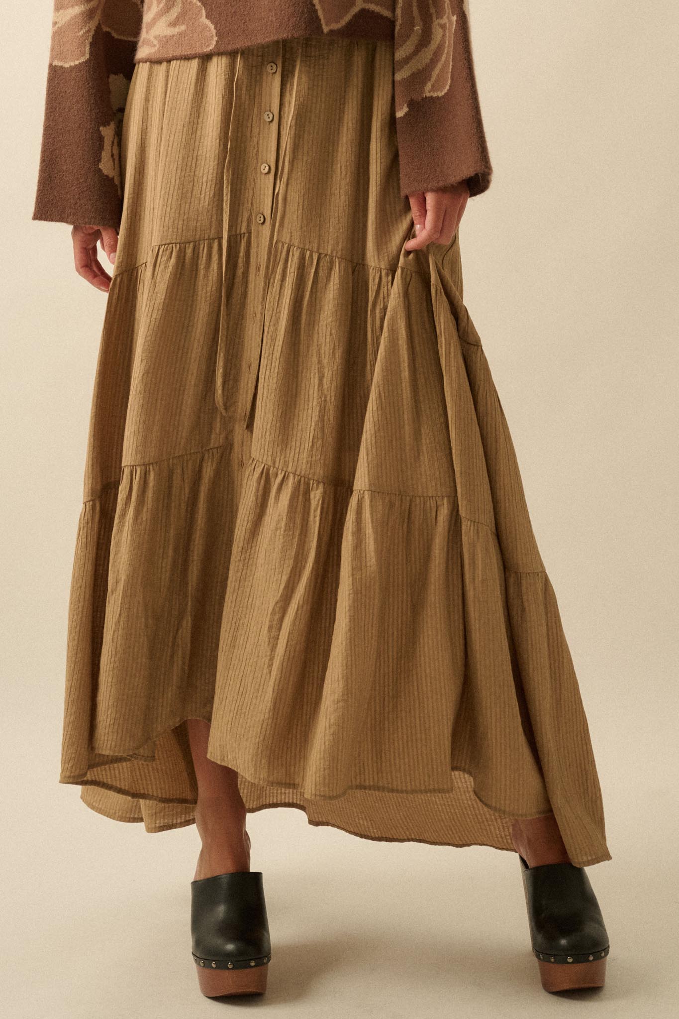 Love You So Button-Front Tiered Ruffle Maxi Skirt