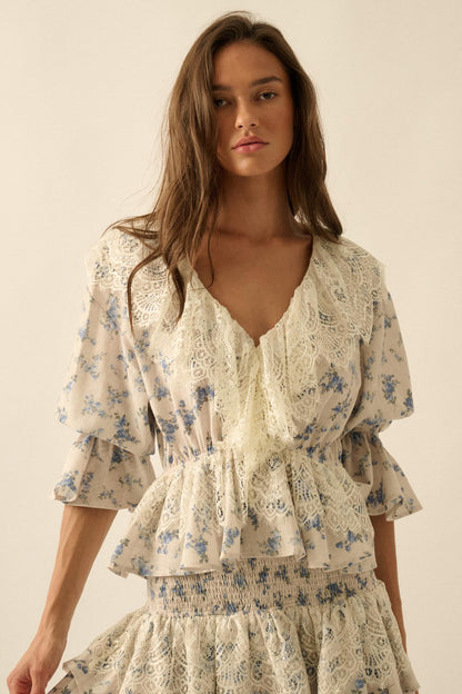 True Beauty Floral Puff-Sleeve Ruffle Peplum Top