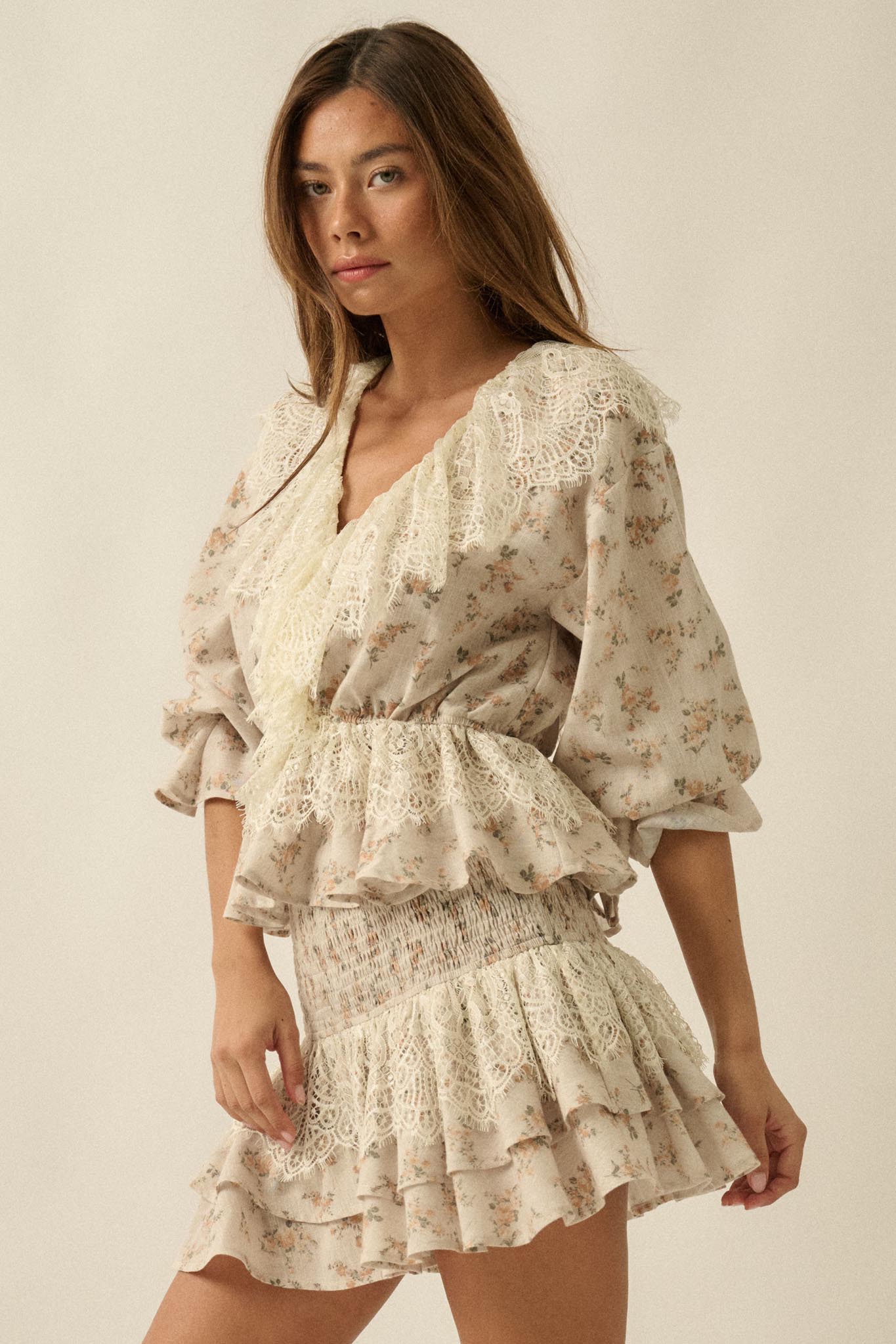 True Beauty Floral Puff-Sleeve Ruffle Peplum Top