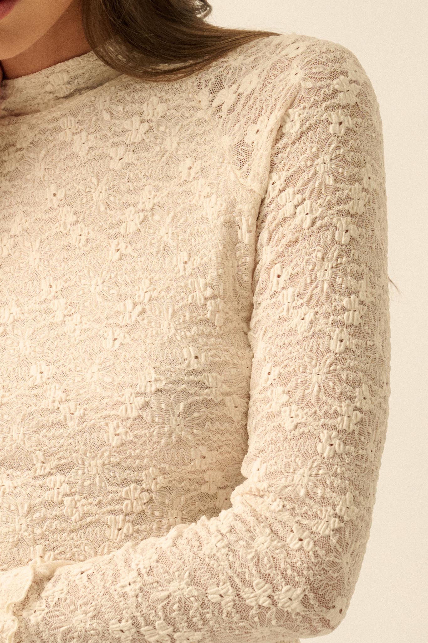 Sweetest Thing Floral Lace Mock-Neck Thumbhole Top