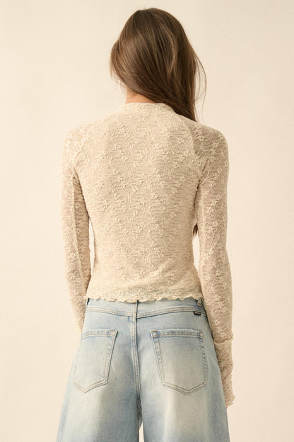 Sweetest Thing Floral Lace Mock-Neck Thumbhole Top