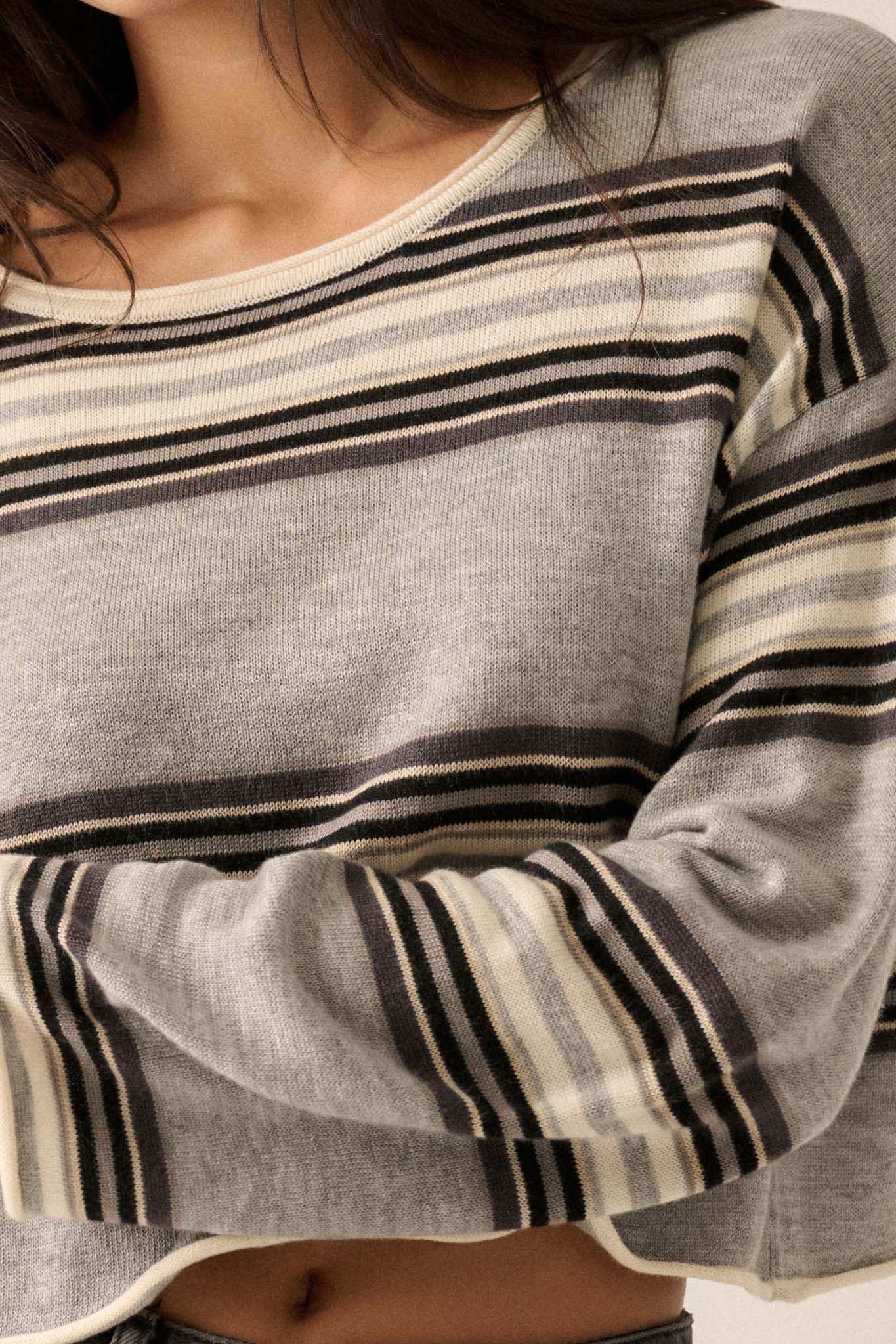 Level Best Striped Rolled-Edge Cropped Sweater