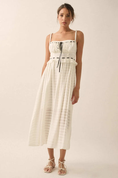 Sweet Prelude Striped Ribbon-Trim Midi Dress