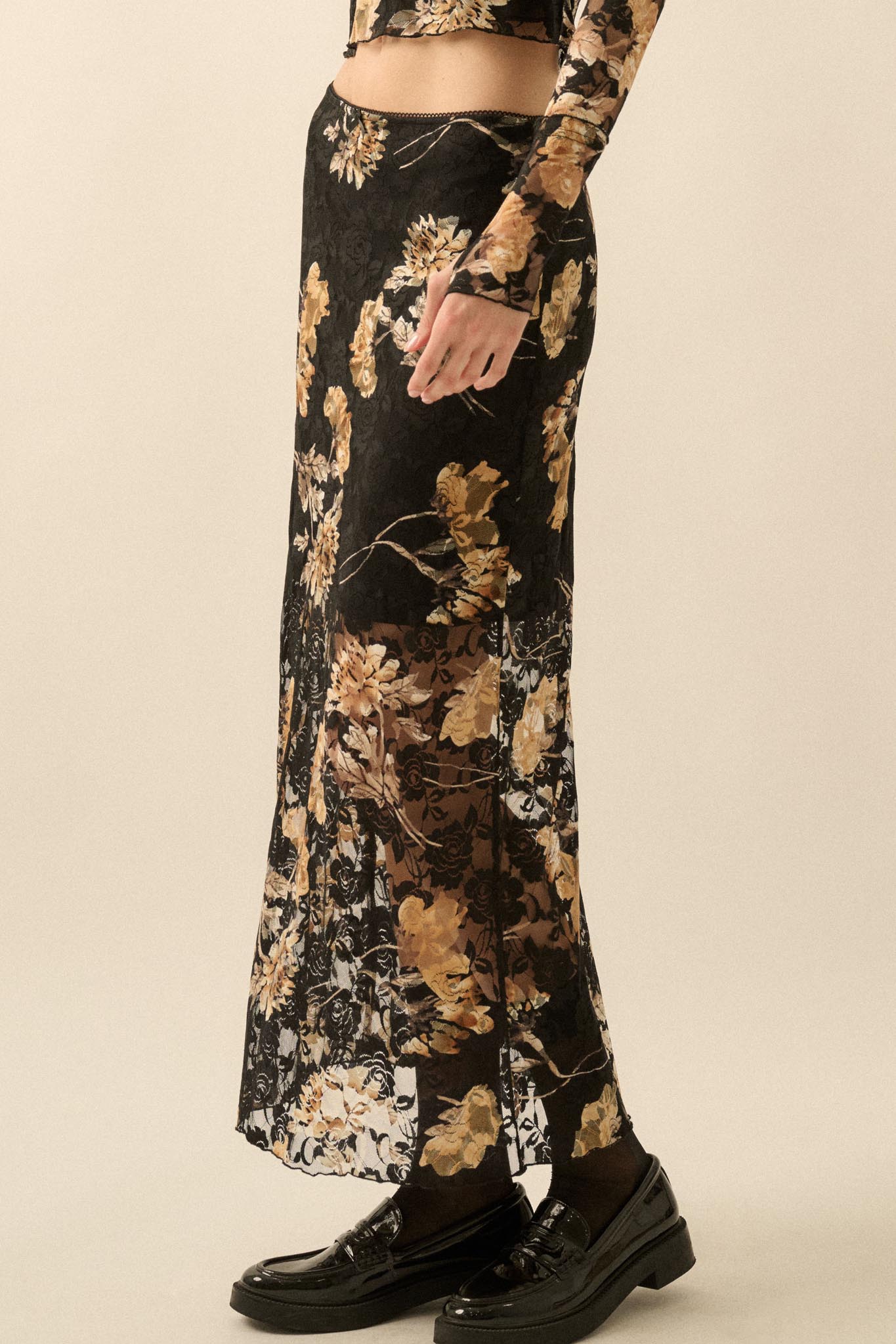 Wistful Blossoms Printed Floral Lace Maxi Skirt