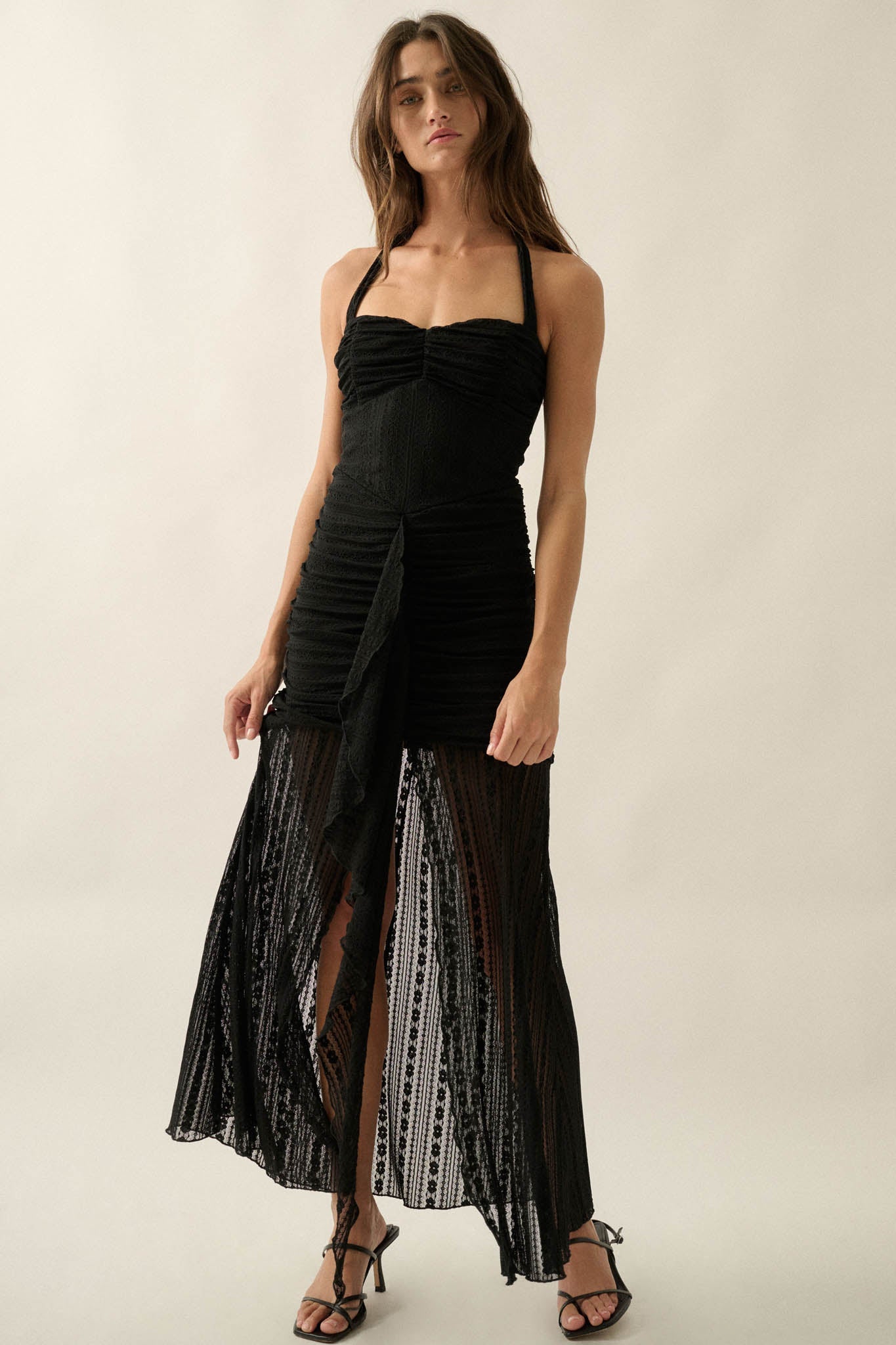 Beyond Beautiful Floral Lace Ruched Halter Maxi Dress