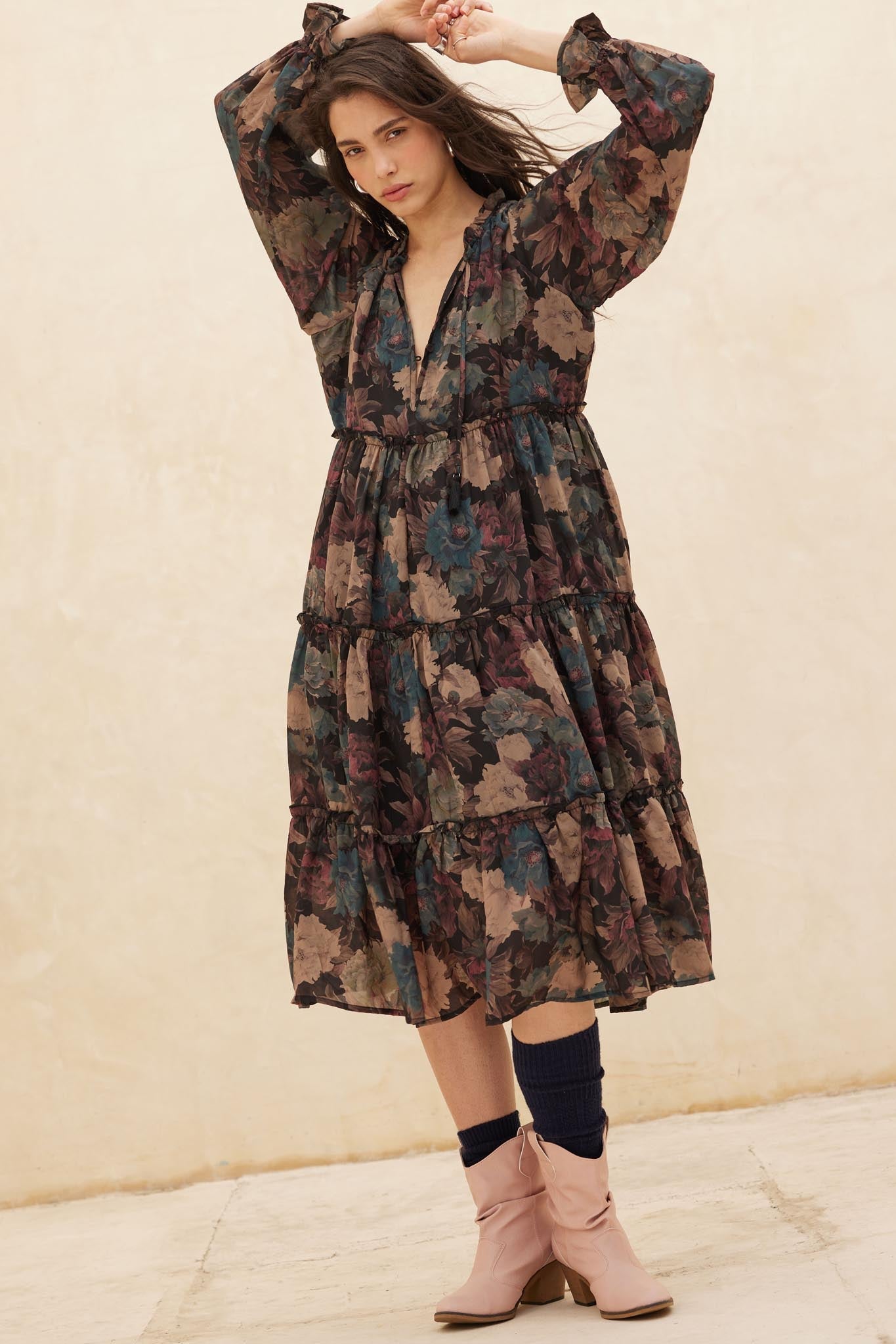 Potpourri Grove Tiered Floral Midi Prairie Dress