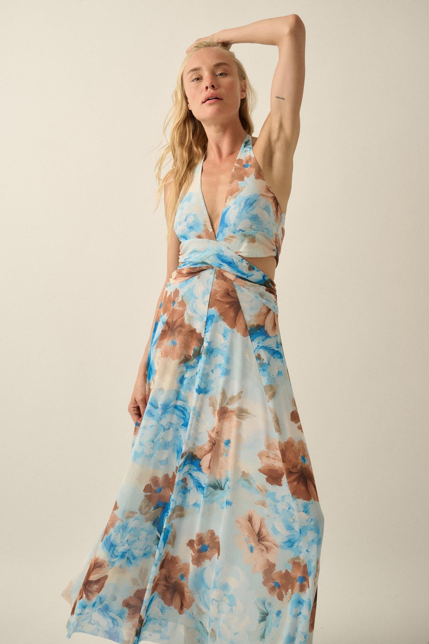 Heavenly Blossoms Floral Mesh Halter Maxi Dress