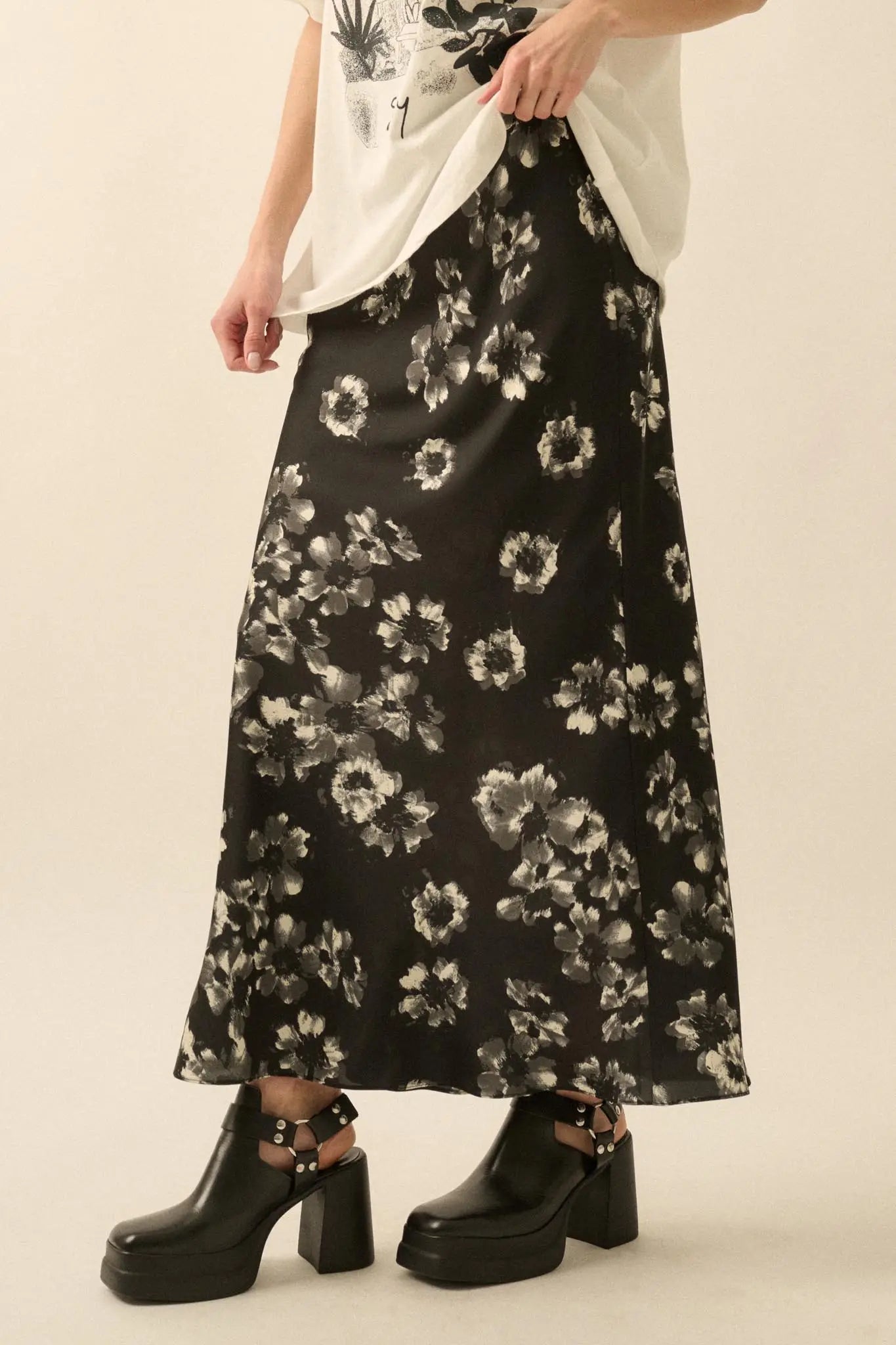 Whispering Petals Bias-Cut Floral Satin Maxi Skirt