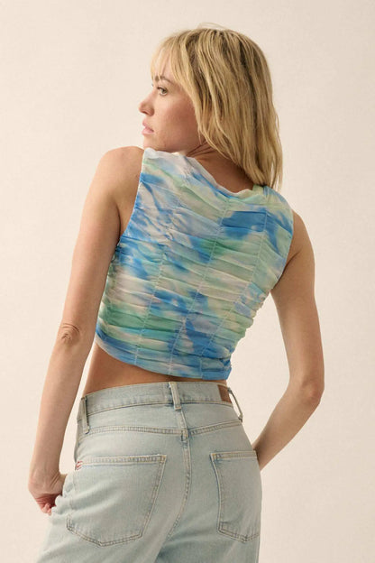 Surf Zone Tie-Dye Mesh Ruched Crop Top