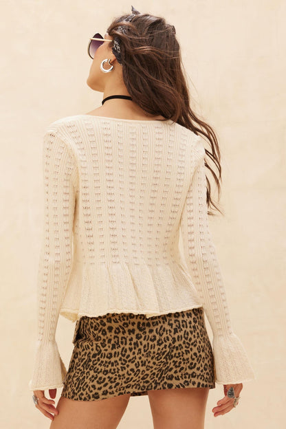 On My Way Pointelle Rib-Knit Peplum Cardigan