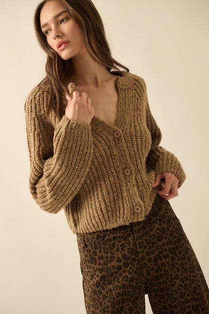 Soft Sunday Ribbed Knit Buttoned V-Neck Cardigan