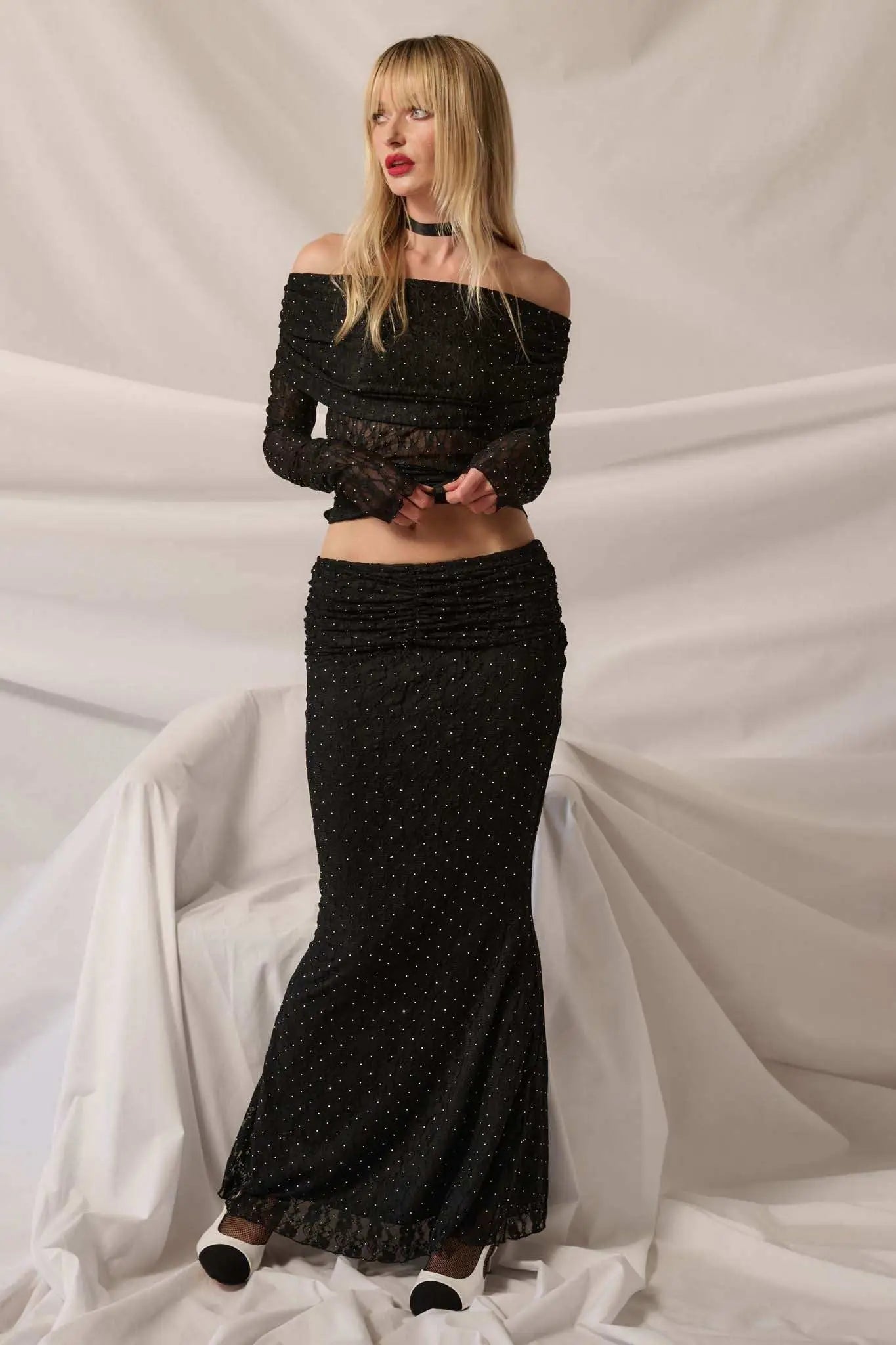 Written in the Stars Studded Lace Off-Shoulder Top
