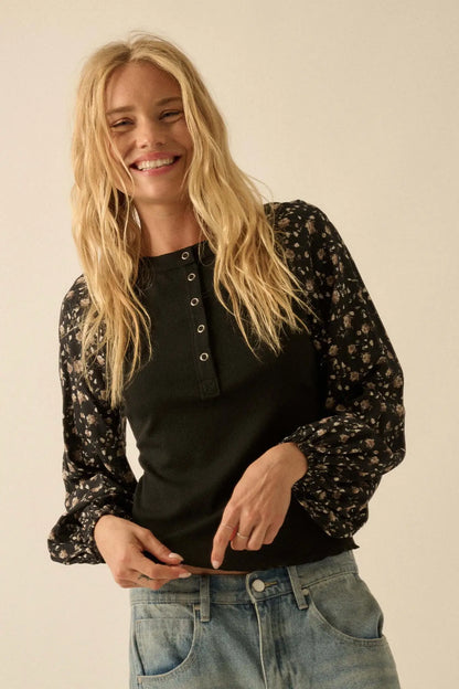 Almost Home Floral Bubble-Sleeve Henley Top