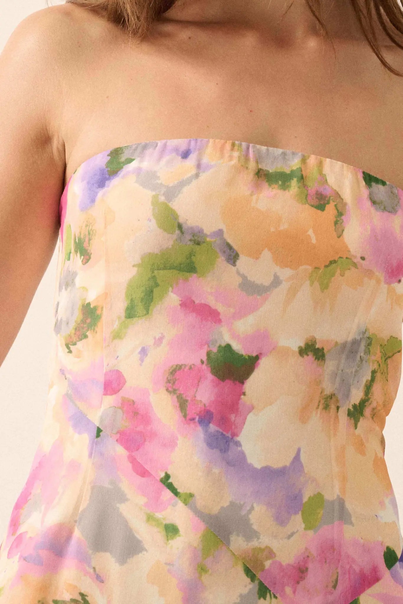 Garden Glow Floral Chiffon Strapless Maxi Dress