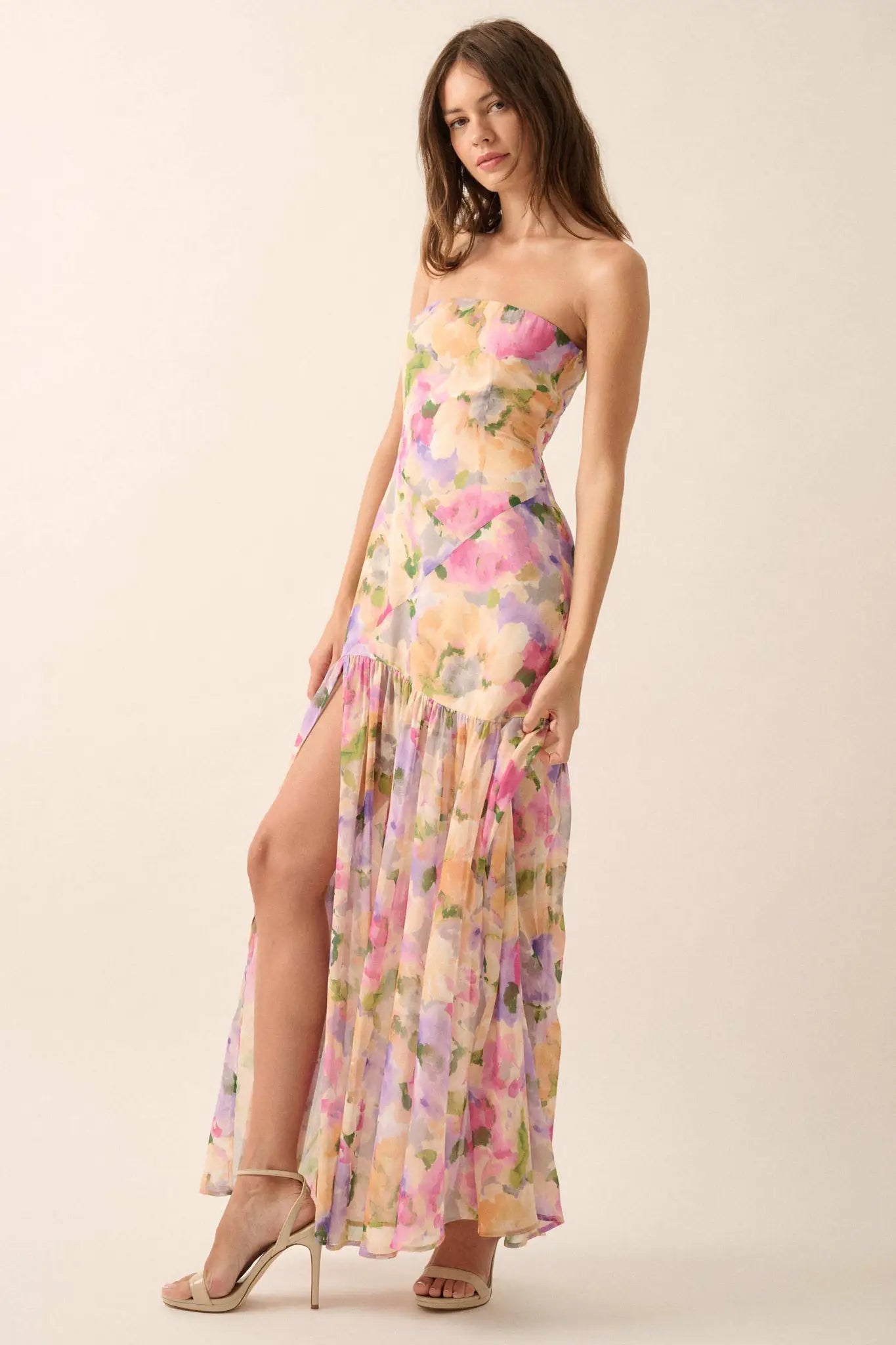 Garden Glow Floral Chiffon Strapless Maxi Dress
