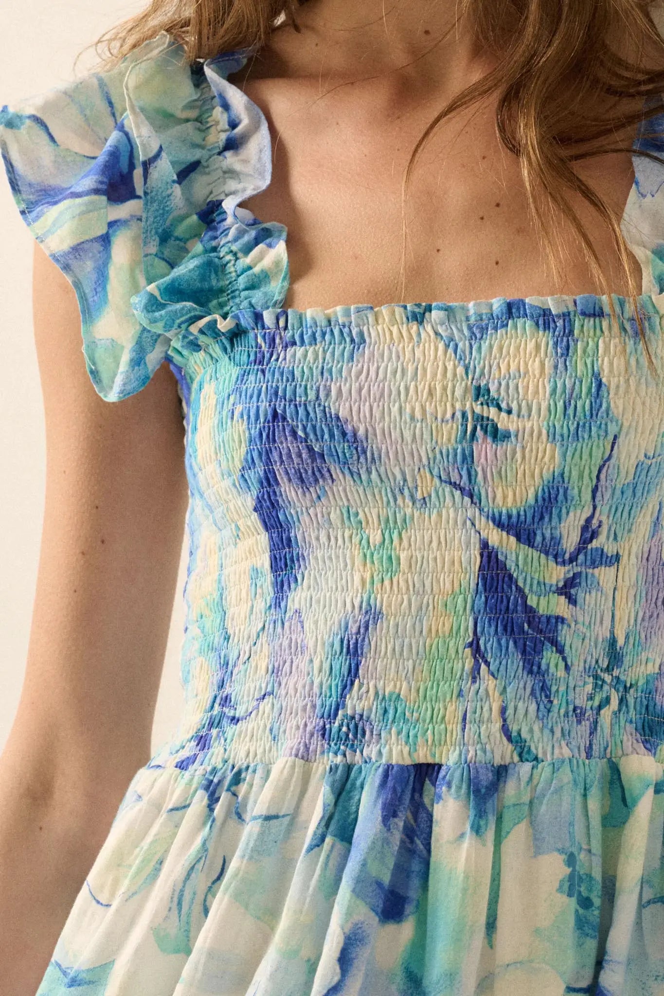Cyan Blossoms Floral Smocked Ruffle Midi Dress