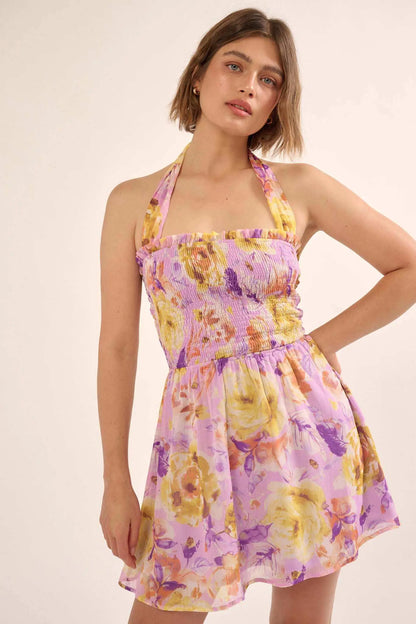 Orchid Skies Floral Chiffon Halter Mini Sundress