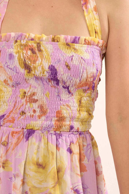 Orchid Skies Floral Chiffon Halter Mini Sundress